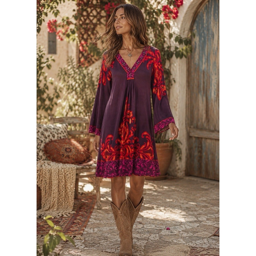 Hale Bob Beaded V Neck Tunic Dress Boho Sz S Paisley Print Long Sleeve PP25